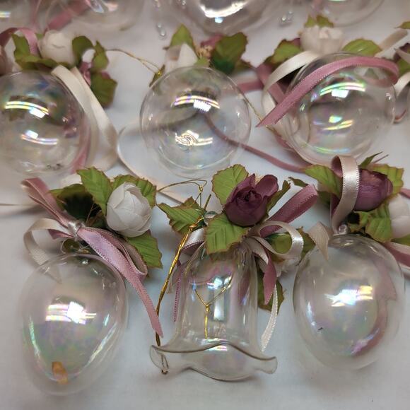 Lot Of 13 Victorian Style Iridescent Clear Glass Ornaments Ball Heart Bell - Picture 9 of 16
